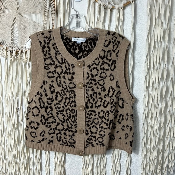 See By Chloe Virgin Wool Leopard Button Front Vest US12 - Picture 4 of 10